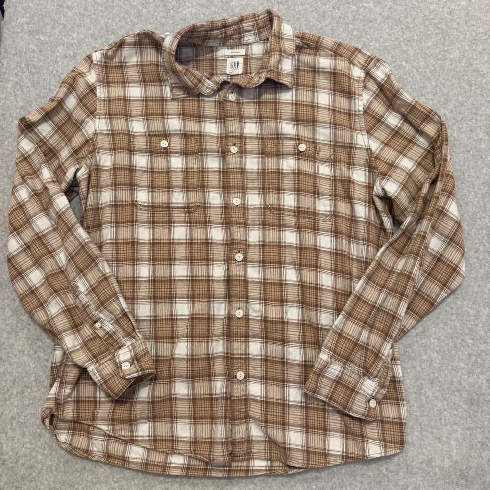 Gap Men XL Untucked Flannel Shirt Brown White Plaid Long Sleeve Cotton Button Up